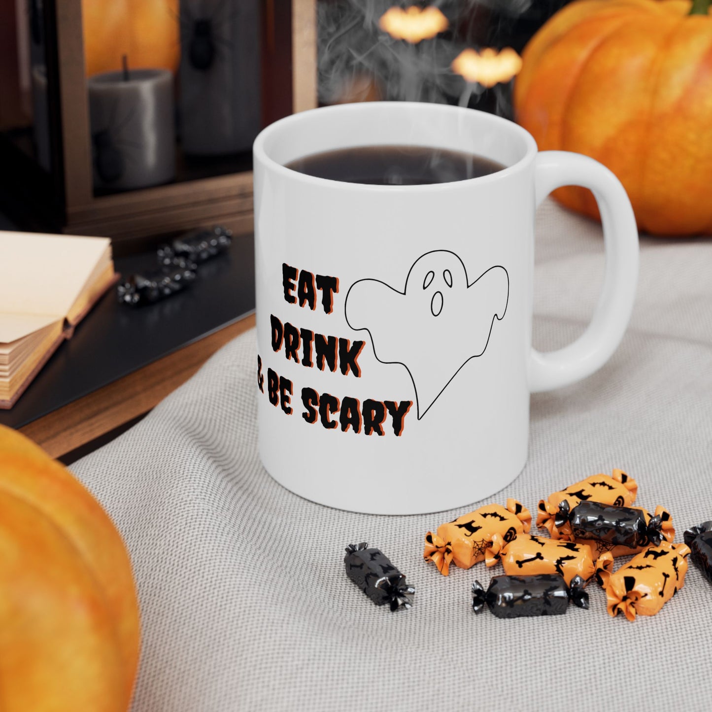 Eat Drink & Be Scary Spooky Cute Ghost Fall Halloween Mug